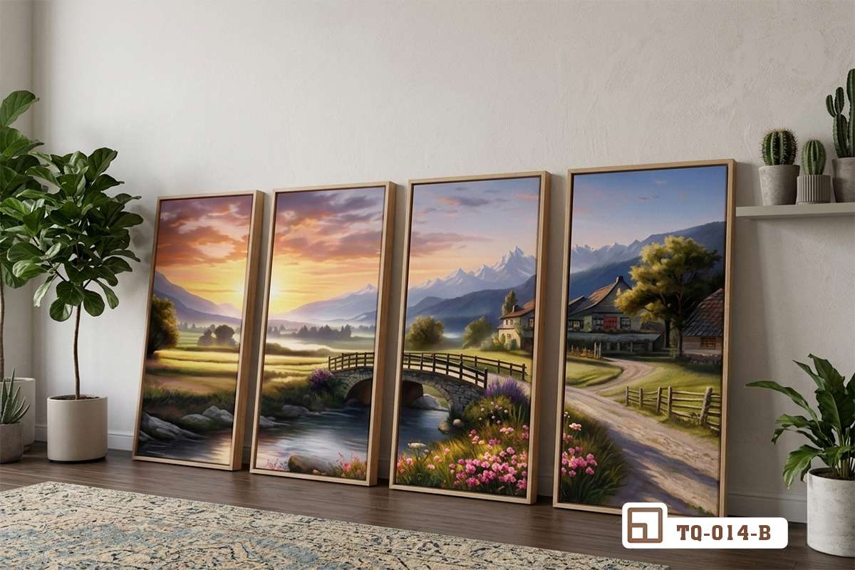 tranh bộ đồng quê canvas đặt sàn cạnh cây xanh phòng khách hiện đại Bộ tranh canvas đồng quê đặt trực tiếp trên sàn nhà cạnh chậu cây xanh trong không gian phòng khách hiện đại