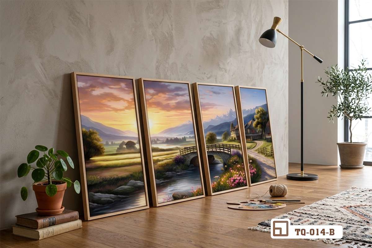 tranh canvas phong cảnh đồng quê tựa vào bức tường sơn trắng mộc mạc Bộ tranh canvas phong cảnh đồng quê kích thước lớn được đặt tựa nghệ thuật vào bức tường sơn trắng phòng khách