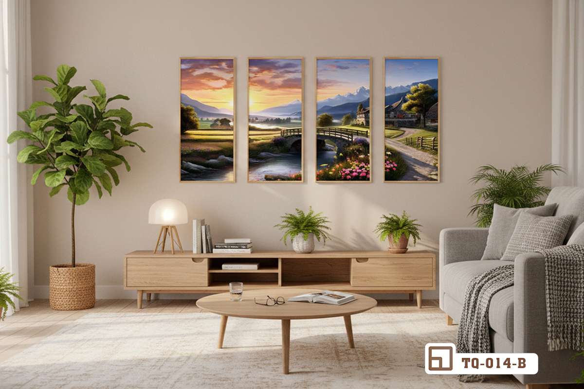 tranh phong cảnh đồng quê hoàng hôn treo tường phía trên bàn gỗ tự nhiên Bộ tranh phong cảnh đồng quê hoàng hôn treo trang trí phía trên bàn gỗ tự nhiên mang lại cảm giác an yên
