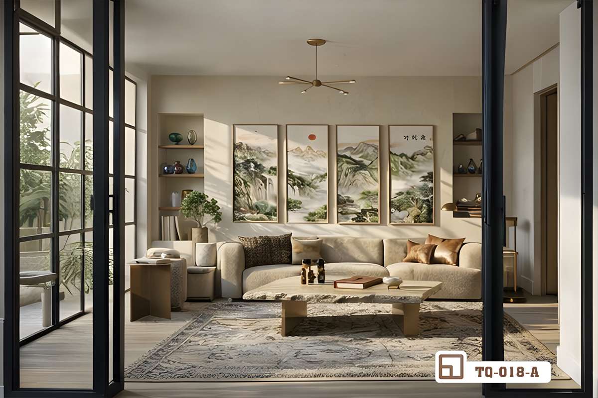tranh phong cảnh núi hùng vĩ treo tường phòng khách nhìn từ khung cửa kính lớn Bộ tranh phong cảnh núi hùng vĩ treo trang trí trên bức tường phòng khách nhìn xuyên qua khung cửa kính lớn hiện đại