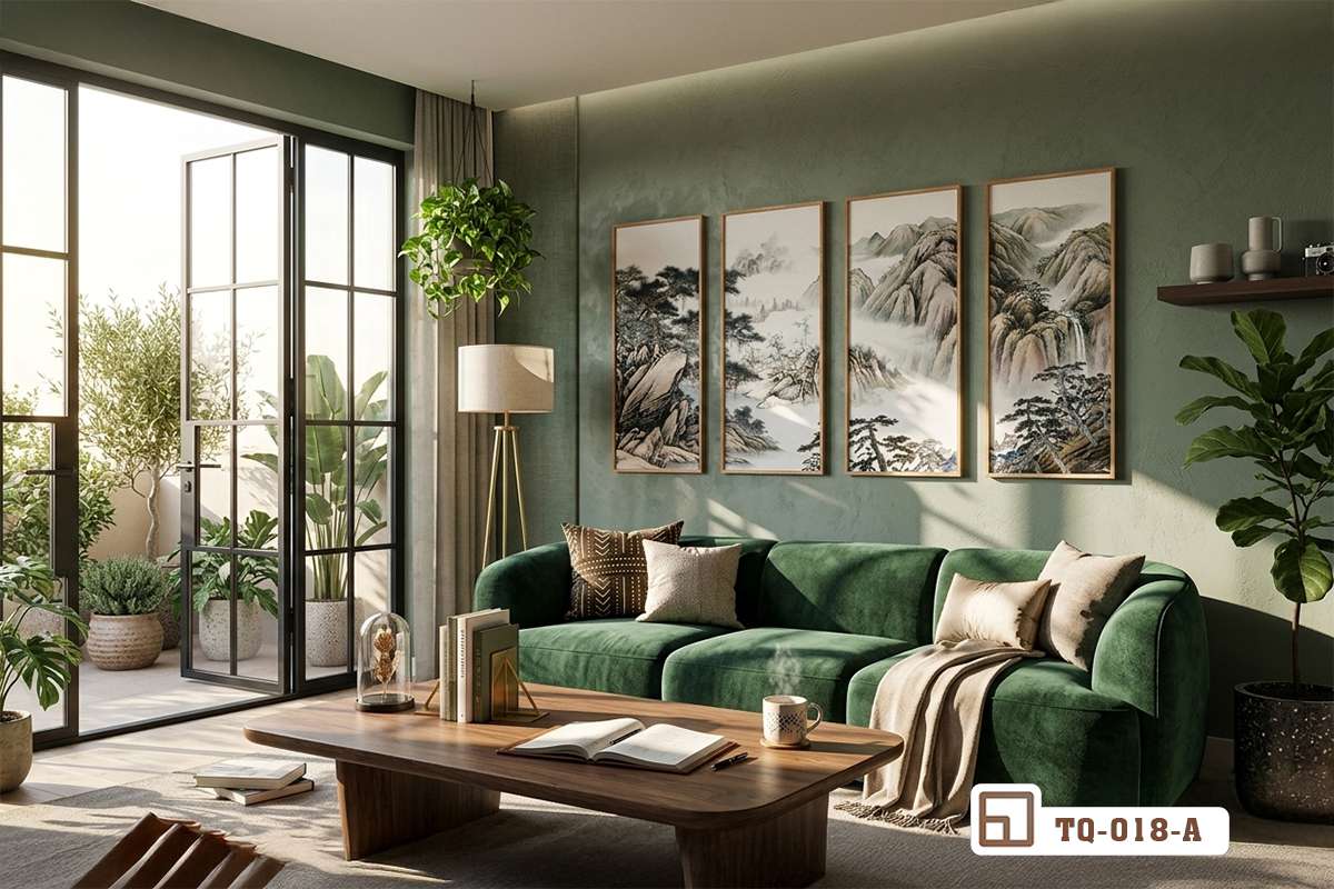 tranh phong cảnh núi non trùng điệp treo tường phía trên bàn gỗ tự nhiên phòng khách Bộ tranh phong cảnh núi non trùng điệp treo trang trí phía trên bàn trà gỗ tự nhiên mang lại cảm giác an yên