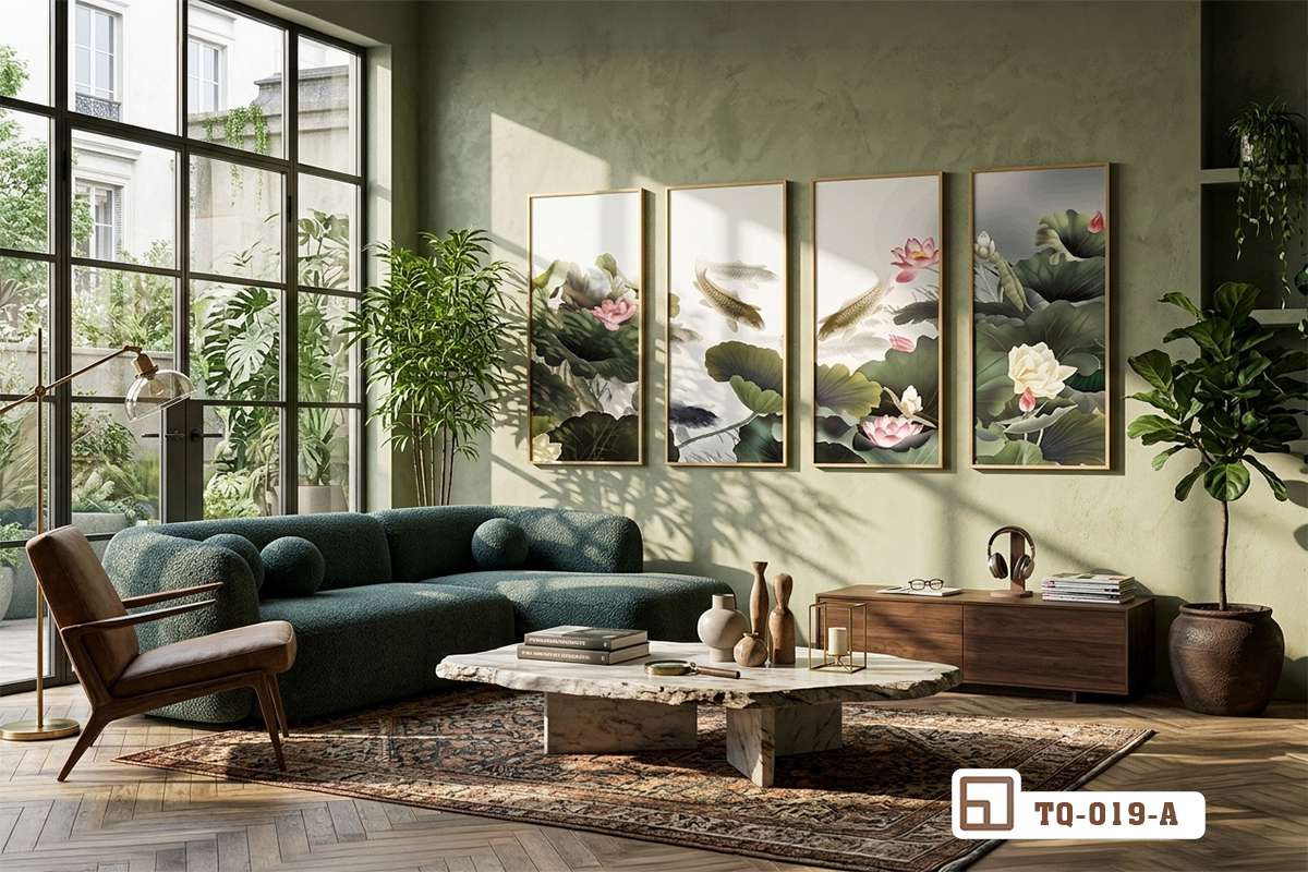 tranh đầm sen treo tường phía trên bộ sofa xanh rêu Bộ tranh đầm sen treo tường trang trí phòng khách đặt phía trên sofa xanh rêu