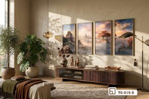 TQ 019 B m1 tranh phong canh hoang hon ket hop tu go hien dai phong khach xuongtranhcanvas