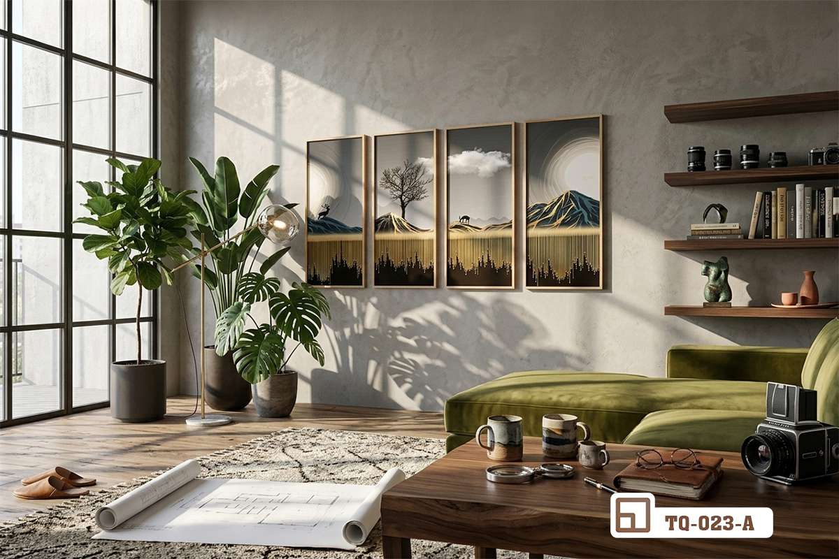 tranh nghệ thuật tối giản góc nhìn cạnh khung cửa sổ lớn đón ánh sáng tự nhiên Góc nhìn nghiêng bộ tranh nghệ thuật tối giản bên khung cửa sổ tràn ngập ánh sáng tự nhiên vào phòng khách
