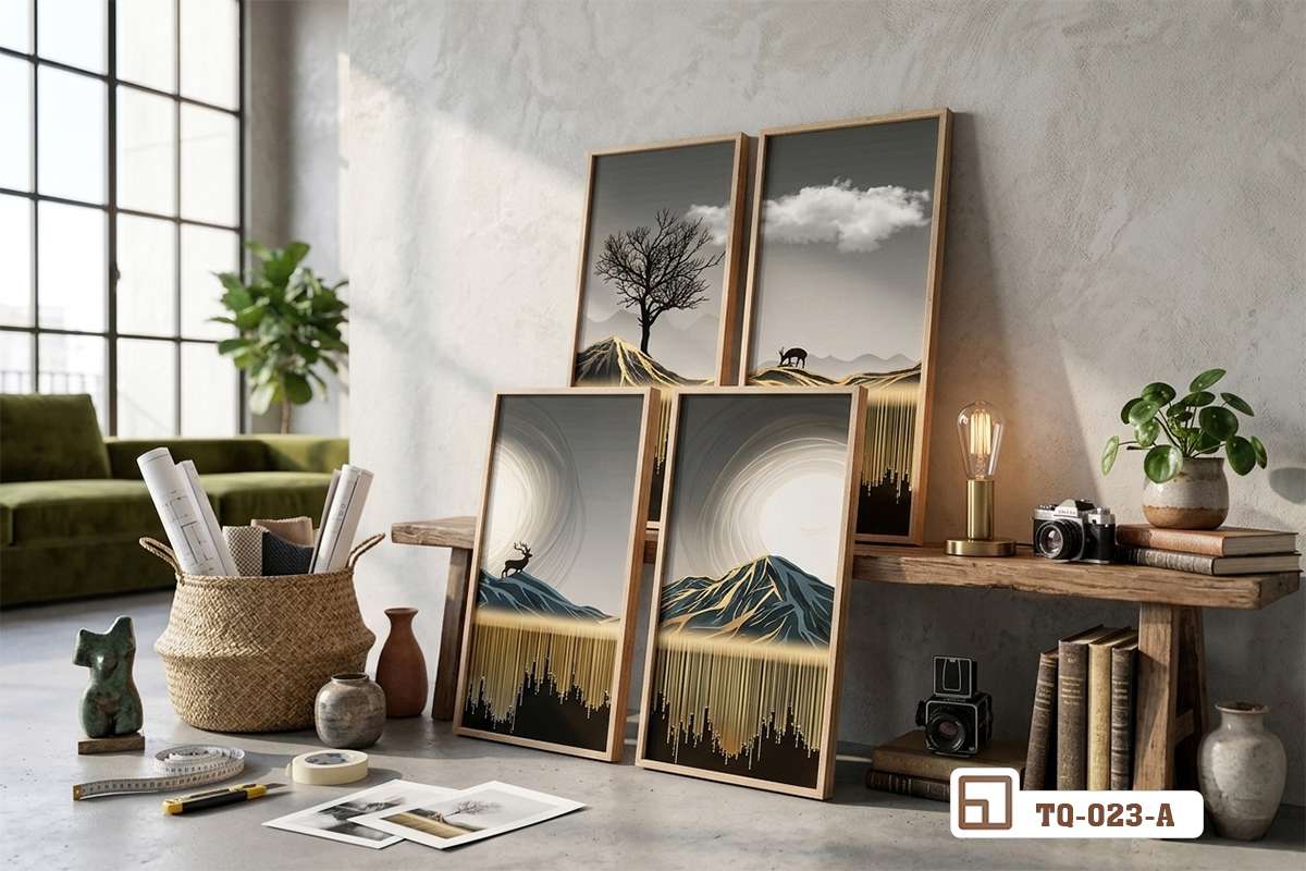 tranh nghệ thuật tối giản trang trí khu vực bàn làm việc kết hợp kệ sách gỗ Bộ tranh nghệ thuật tối giản được sắp đặt tinh tế tại góc làm việc với kệ sách và đồ trang trí bằng gỗ