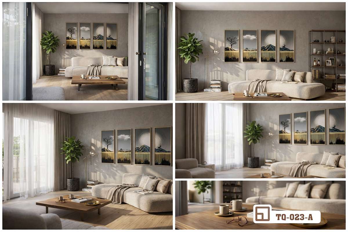 tranh nghệ thuật tối giản canvas ghép bộ hiển thị đa góc nhìn trong nội thất cao cấp Tổng hợp các góc nhìn cận cảnh bộ tranh nghệ thuật tối giản canvas ghép bộ trong không gian nội thất cao cấp