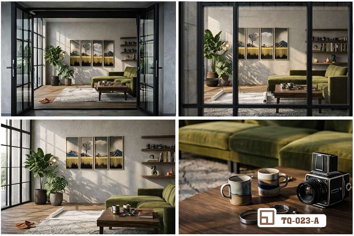 tranh nghệ thuật tối giản phối cảnh qua khung cửa kính khung thép hiện đại Phối cảnh bộ tranh nghệ thuật tối giản nhìn qua khung cửa kính khung thép đen đậm chất kiến trúc hiện đại