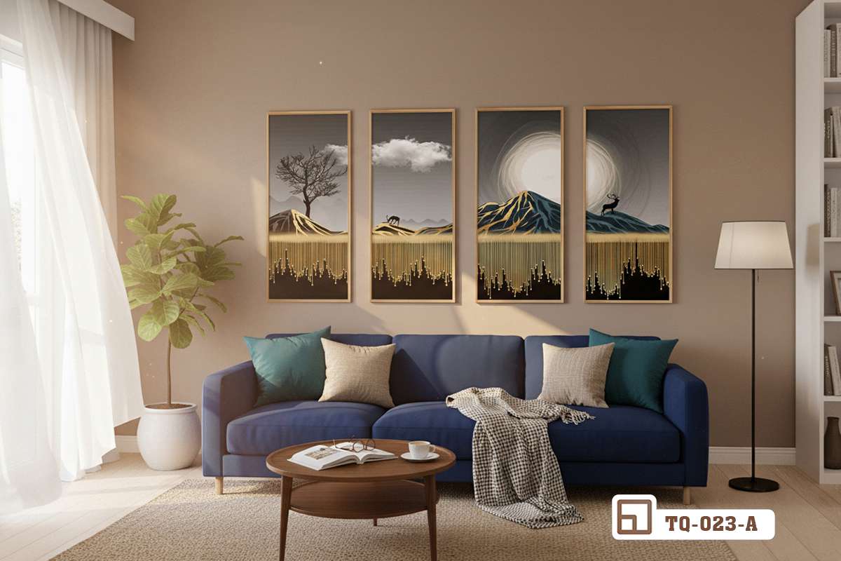 tranh nghệ thuật tối giản vươn xa bố trí trên tường trắng cạnh thảm trải sàn sáng màu Bức tranh nghệ thuật tối giản treo trên tường trắng tối giản bên cạnh thảm trải sàn họa tiết nhẹ nhàng tinh tế