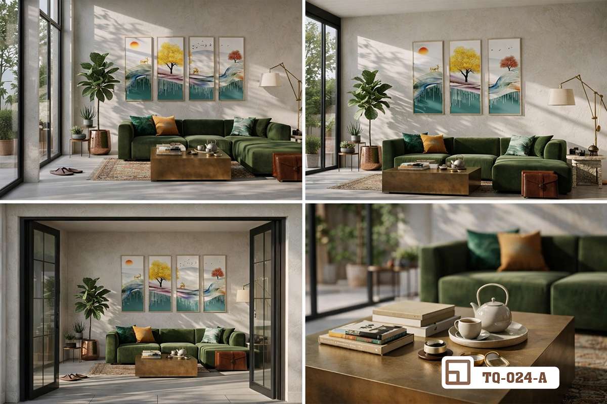tranh hươu vàng nghệ thuật góc nhìn cận cảnh chi tiết từng mảng màu trừu tượng Cận cảnh góc nhìn tinh tế của bộ tranh hươu vàng nghệ thuật đặt giữa phòng khách rộng thoáng tràn ngập ánh sáng