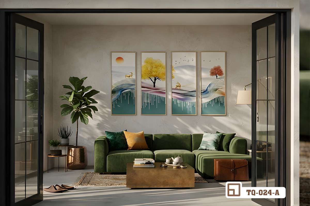 tranh hươu vàng nghệ thuật treo tường phòng khách căn hộ penthouse cao cấp Bộ tranh hươu vàng nghệ thuật treo trang nhã trên diện tường phòng khách căn hộ penthouse sang trọng ngập tràn ánh sáng