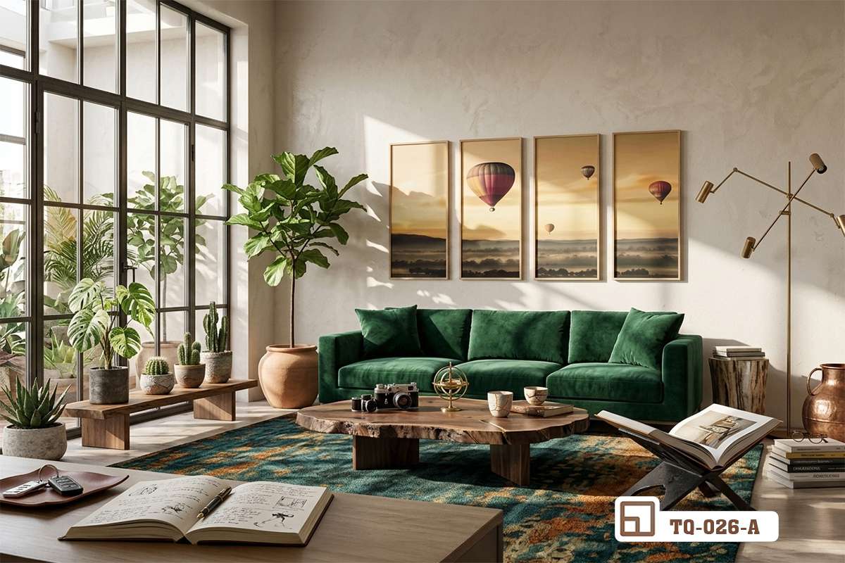 tranh canvas hoàng hôn kết hợp bàn trà gỗ và cây xanh trang trí Bộ tranh phong cảnh hoàng hôn đặt trong phòng khách hiện đại có bàn trà gỗ tự nhiên và chậu cây xanh mát