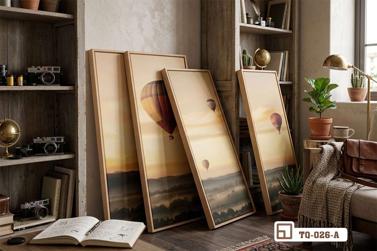 tranh treo tường hoàng hôn tựa vào tường cạnh kệ sách gỗ phòng khách Cận cảnh các bức tranh phong cảnh hoàng hôn tựa nhẹ nhàng sát chân tường cạnh kệ sách gỗ mộc mạc