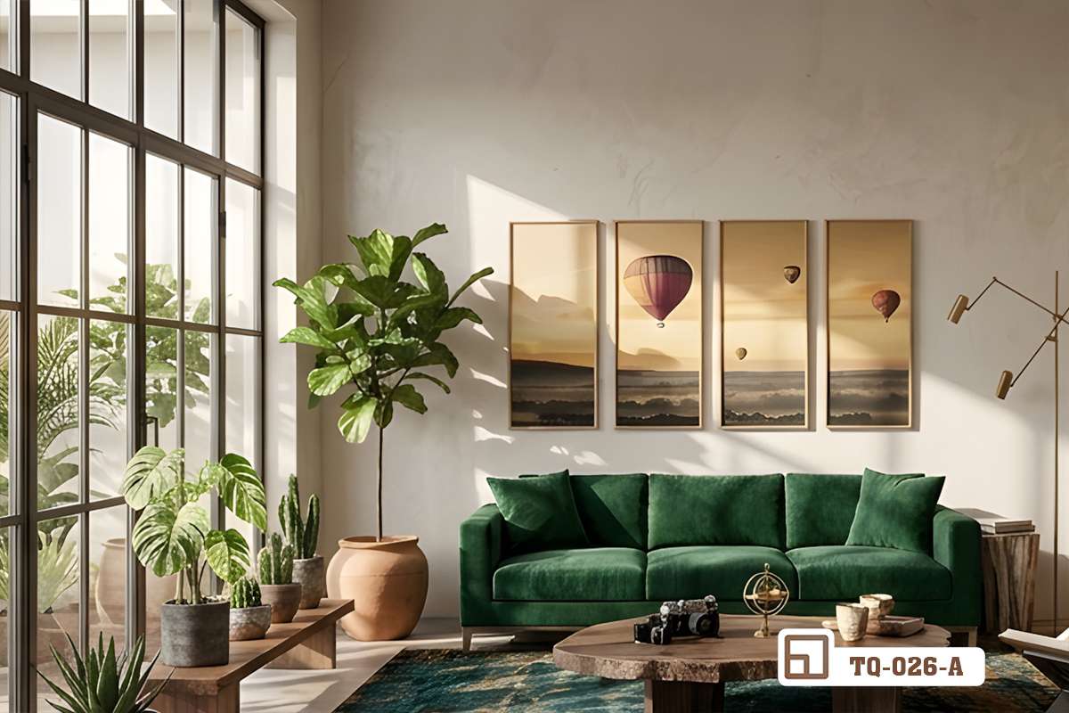 tranh phong cảnh hoàng hôn cao cấp tôn vinh đẳng cấp kiến trúc nội thất Góc chụp toàn cảnh phòng khách sang trọng được tôn vinh bởi bộ tranh phong cảnh hoàng hôn ấn tượng