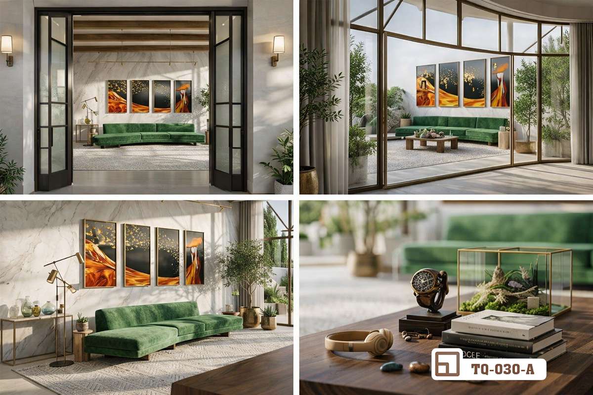tranh phong cách hiện đại cô gái áo đỏ phối cảnh bàn ghế gỗ cao cấp Góc chụp tổng quan bộ tranh cô gái áo đỏ kết hợp bộ bàn ghế sofa góc tinh tế trong phòng khách