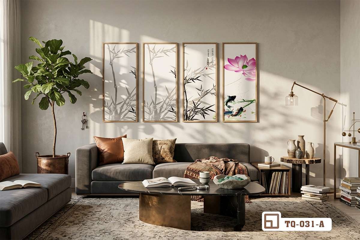 tranh hoa sen nghệ thuật treo phong khach sofa da nau êm ái Không gian phòng khách hiện đại với bộ sofa da nâu êm ái kết hợp tranh hoa sen nghệ thuật treo tường