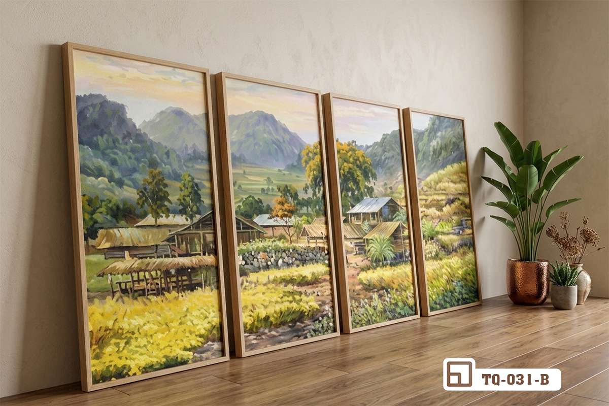 tranh phong cảnh bản làng khổ lớn buông lơi sát sàn nhà chờ thi công nội thất Cận cảnh bộ tranh phong cảnh bản làng khổ lớn được sắp đặt tinh tế sát sàn nhà chờ lắp đặt