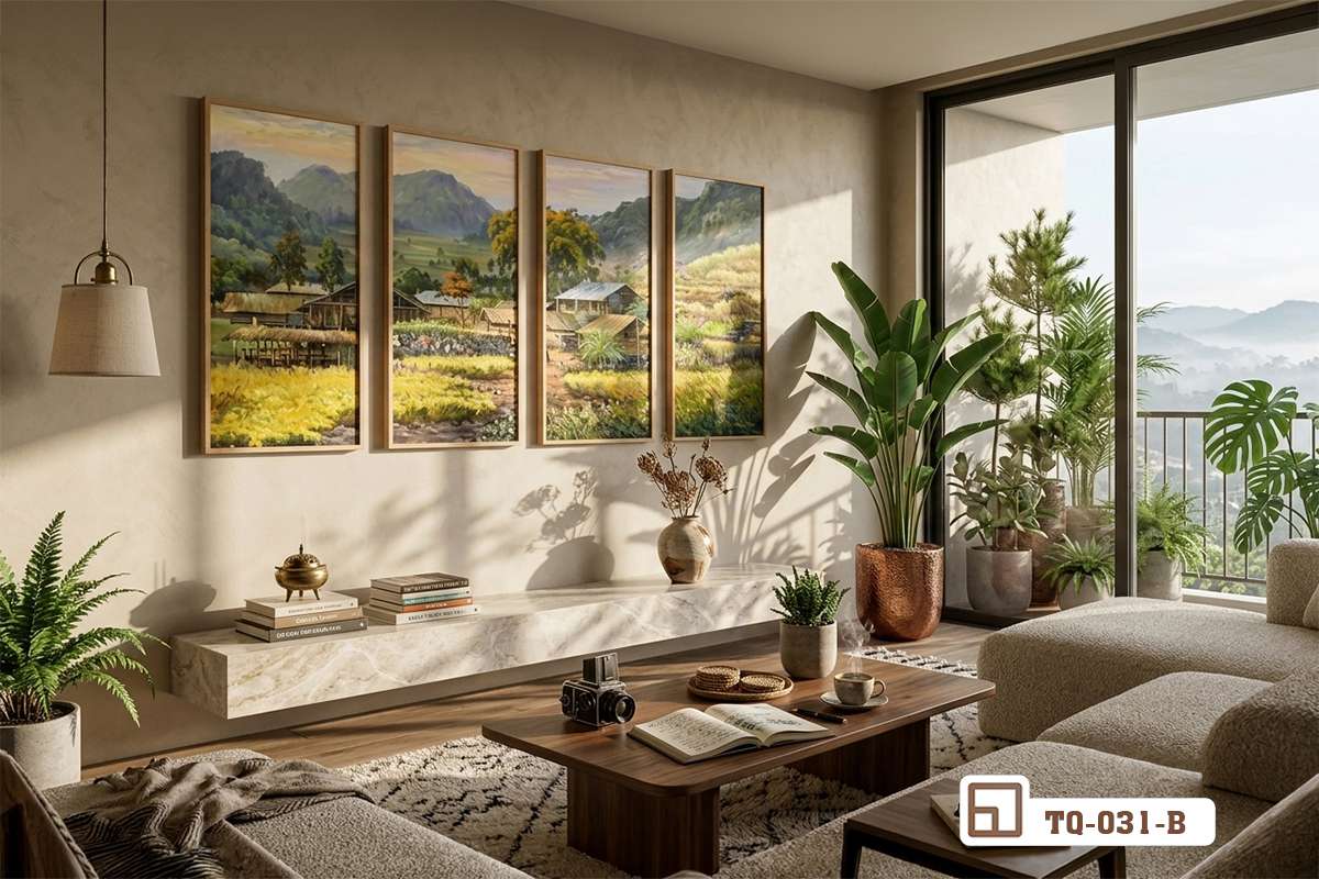 tranh phong cảnh bản làng kết hợp bộ ghế sofa góc màu sáng và chậu cây xanh Góc nhìn chính diện bộ tranh phong cảnh bản làng nổi bật phía trên bộ ghế sofa phòng khách