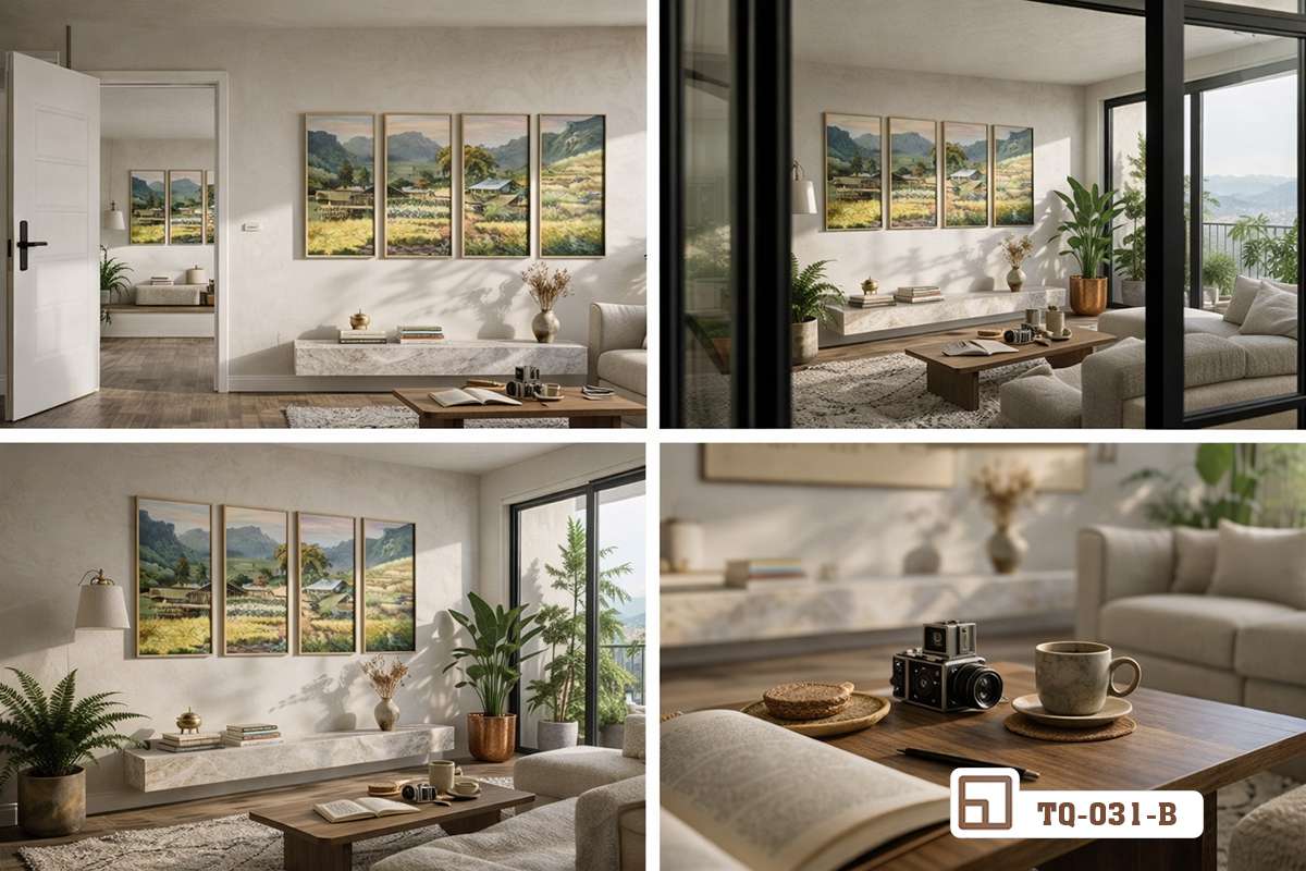 tranh phong cảnh bản làng nhìn qua vách ngăn kính khung nhôm đen hiện đại Góc nhìn xuyên qua khung cửa kính hiện đại quan sát trọn bộ tranh phong cảnh bản làng treo tường
