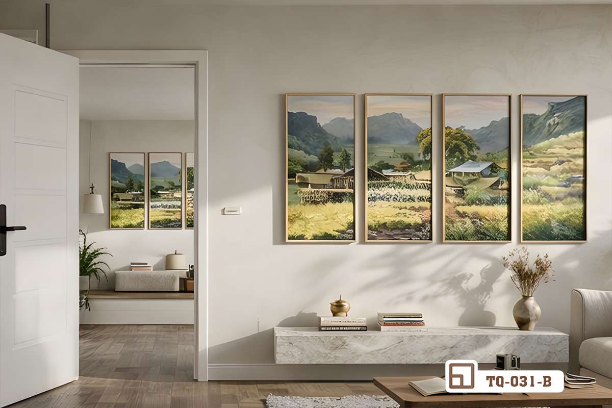 tranh phong cảnh bản làng góc nhìn cận cảnh qua cửa sổ mở ra hành lang thông thoáng Bức tranh phong cảnh bản làng nhìn qua ô cửa nhỏ tôn lên nét kiến trúc tinh tế của phòng khách