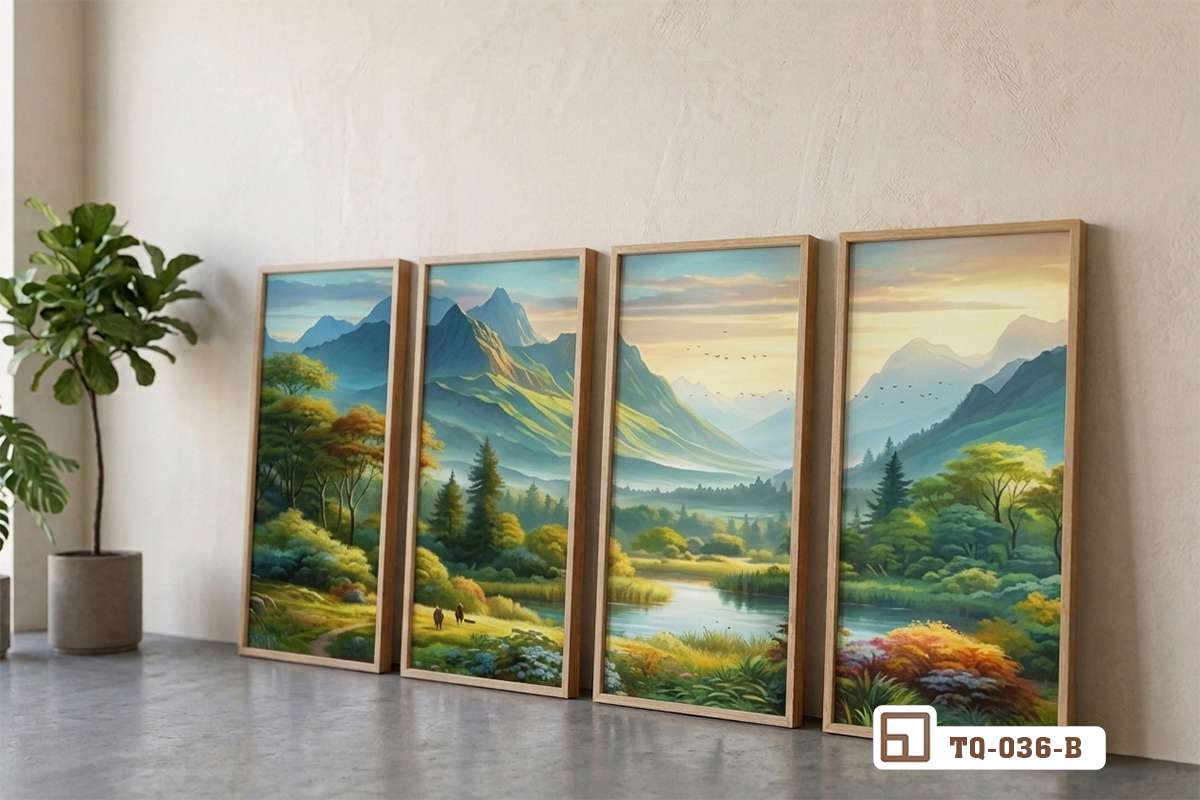 Bộ tranh phong cảnh thiên nhiên đặt dựa tường góc phòng Bốn tấm tranh phong cảnh thiên nhiên viền gỗ đặt dựa tường sàn bê tông mộc mạc bên cây xanh