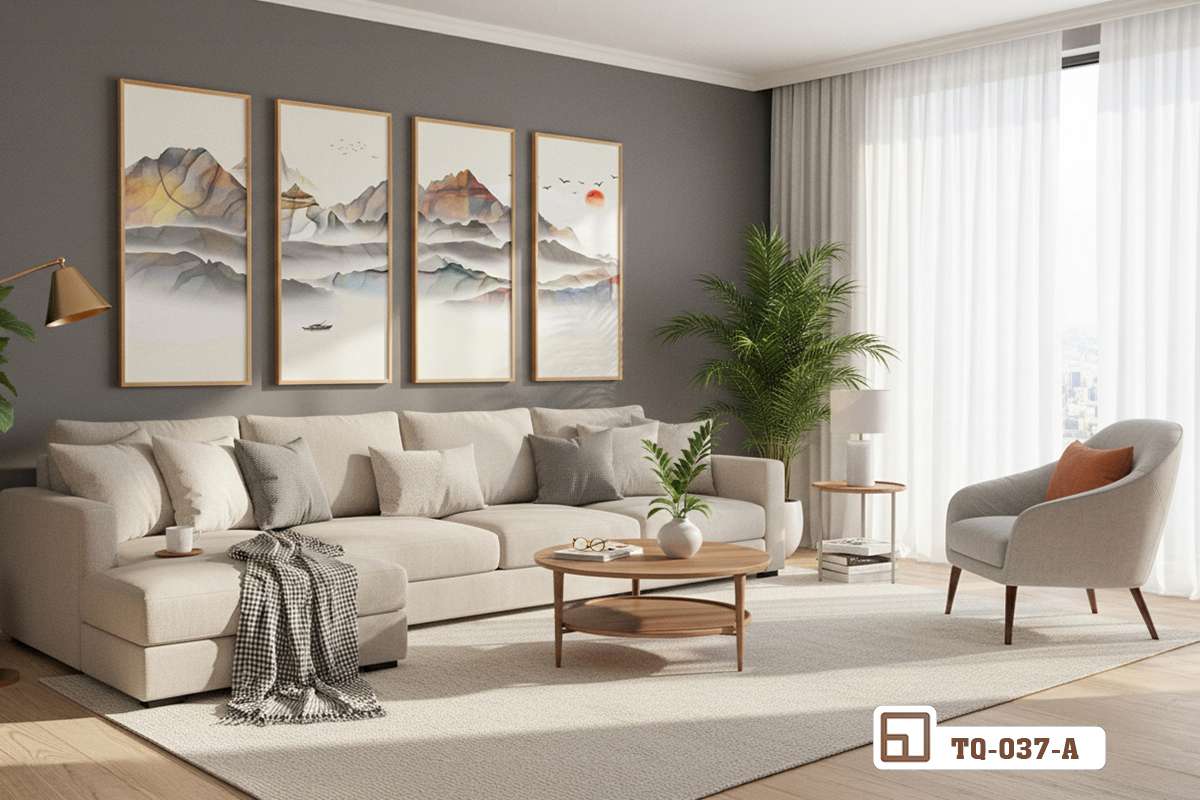 tranh thủy mặc bốn tấm treo tường phòng khách nền xám tro hiện đại Bộ tranh thủy mặc gồm bốn tấm bố trí cân đối trên bức tường phòng khách sơn màu xám tro lịch lãm