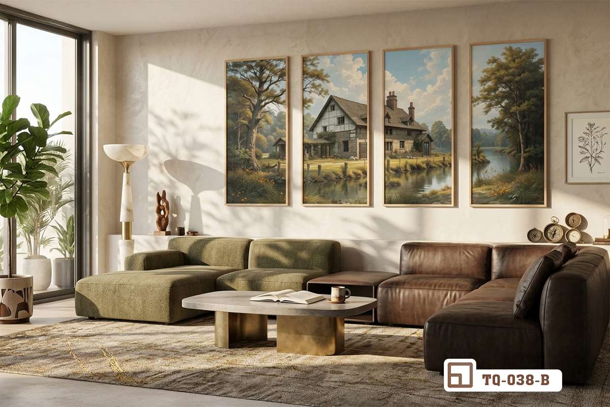 tranh phong cảnh làng quê bố cục bốn tấm nghệ thuật Bốn tấm tranh phong cảnh làng quê ghép lại tạo thành dải lụa nghệ thuật cân đối trên bức tường phòng khách sang trọng