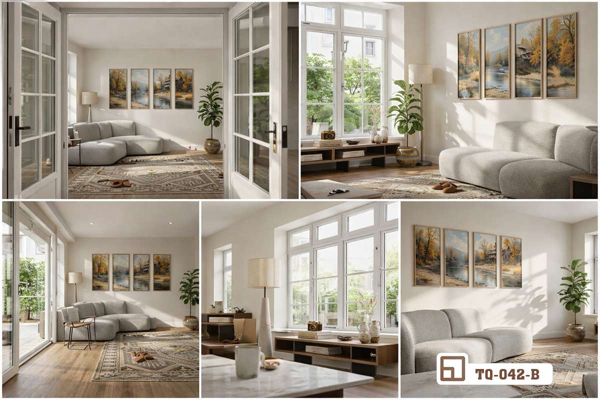 Tổng hợp phối cảnh các góc không gian bài trí tranh mùa thu Góc nhìn tổng quan nhiều góc độ khác nhau về cách bố trí tranh phong cảnh mùa thu trong căn hộ chung cư hiện đại