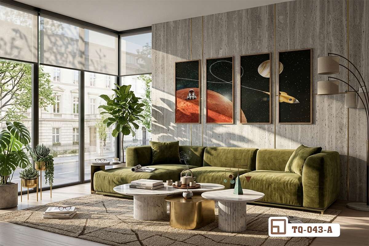 tranh vũ trụ treo tường phòng khách ghế sofa xanh lá cây hiện đại Bộ tranh vũ trụ treo trang trọng trên bức tường phòng khách hiện đại có ghế sofa bọc nhung màu xanh lá cây
