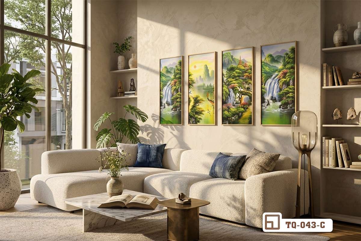 bộ tranh phong cảnh thác nước treo phòng khách có sofa góc hiện đại Góc nhìn toàn cảnh phòng khách hiện đại với bộ sofa sáng màu và bộ tranh phong cảnh thác nước thiên nhiên