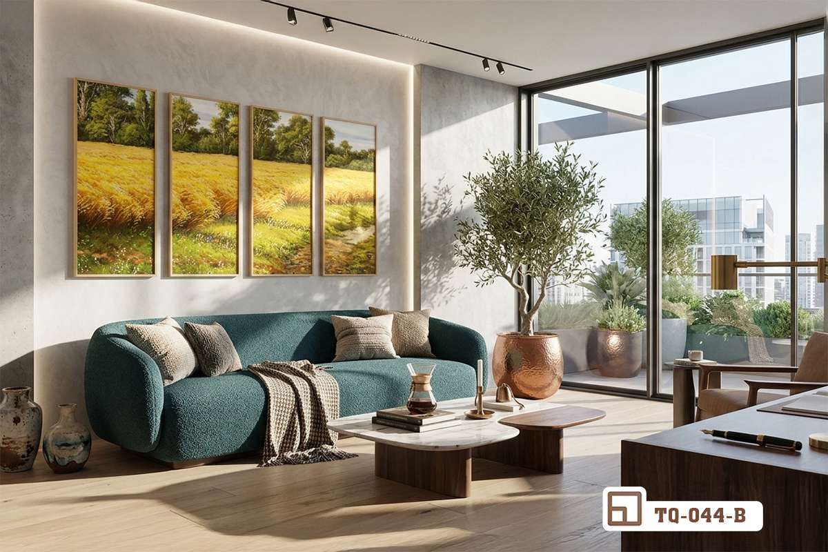 tranh phong cảnh đồng quê lúa chín vàng treo mảng tường sofa da màu nâu Bộ tranh phong cảnh đồng quê lúa chín vàng óng treo trang trọng trên mảng tường sofa da màu nâu trầm ấm cúng