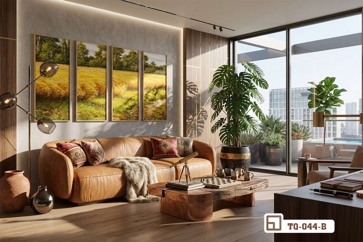 tranh phong cảnh đồng quê kết hợp vách kính lớn nhìn ra ban công Bộ tranh phong cảnh đồng quê rực rỡ đặt cạnh ô cửa kính lớn hướng ra ban công ngập tràn ánh nắng tự nhiên
