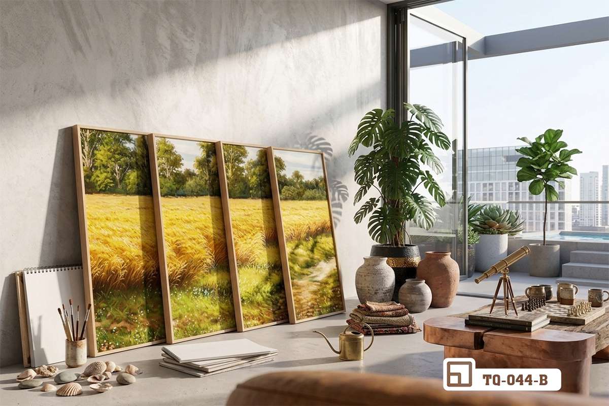 tranh phong cảnh đồng quê phối cùng bàn trà gỗ và ghế sofa góc hiện đại Góc phòng khách hiện đại bài trí tranh phong cảnh đồng quê kết hợp bàn trà gỗ thấp và ghế sofa êm ái