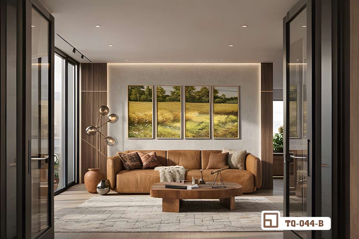 tranh phong cảnh đồng quê treo tường gạch mộc phong cách tối giản Bộ tranh phong cảnh đồng quê nổi bật trên bức tường gạch mộc mang âm hưởng kiến trúc đương đại độc đáo