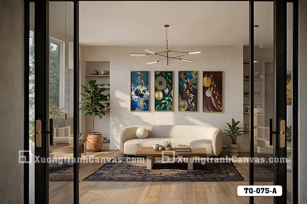 TQ 075 A Tranh Canvas Cửu Ngư Quần Hội Tông Xanh Ngọc Dát Vàng Luxury m7 TQ 075 A Tranh Canvas Cửu Ngư Quần Hội Tông Xanh Ngọc Dát Vàng Luxury m7
