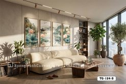 TQ 124 B Tranh Canvas Hoa Sen Và Đôi Chim Uyên Ương Phong Cách Thủy Mặc Tân Cổ Điển m2