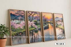 TQ 129 B Tranh Canvas Phong Cảnh Nhật Bản Hoa Anh Đào Hoàng Hôn Tông Màu Ấm m1