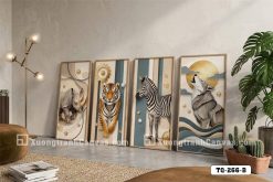 TQ 266 B Tranh Canvas Hiện Đại Bộ Tứ Linh Vật Rhino Tiger Zebra Wolf m1